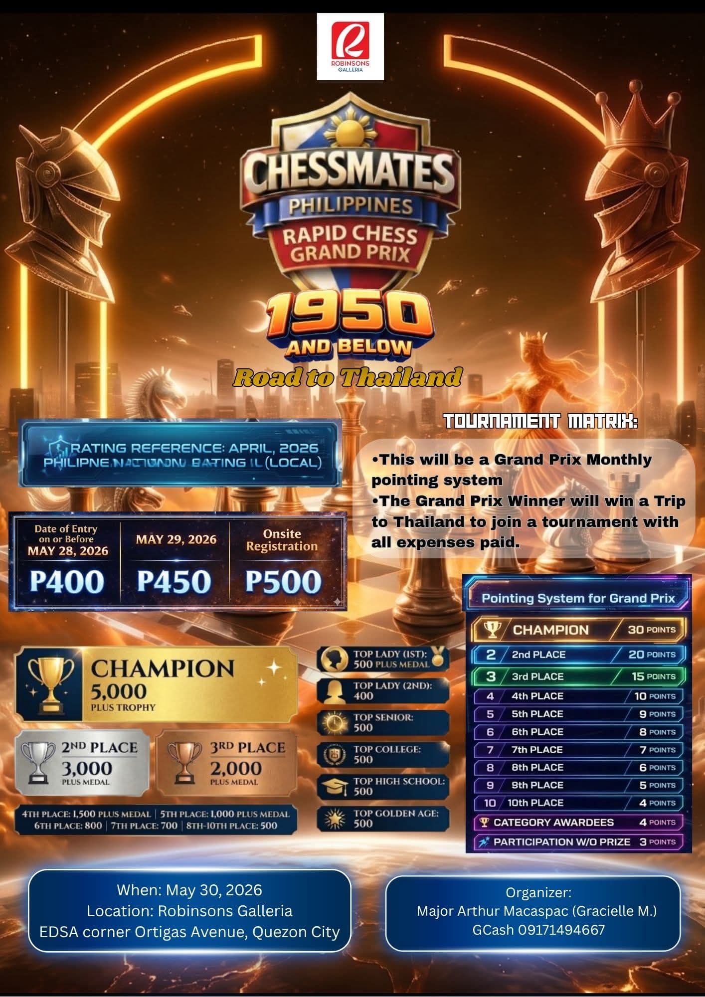 Chessmates Philippines Rapid Chess Grand Prix (1950 & Below) — Leg 3 (May 2026) poster