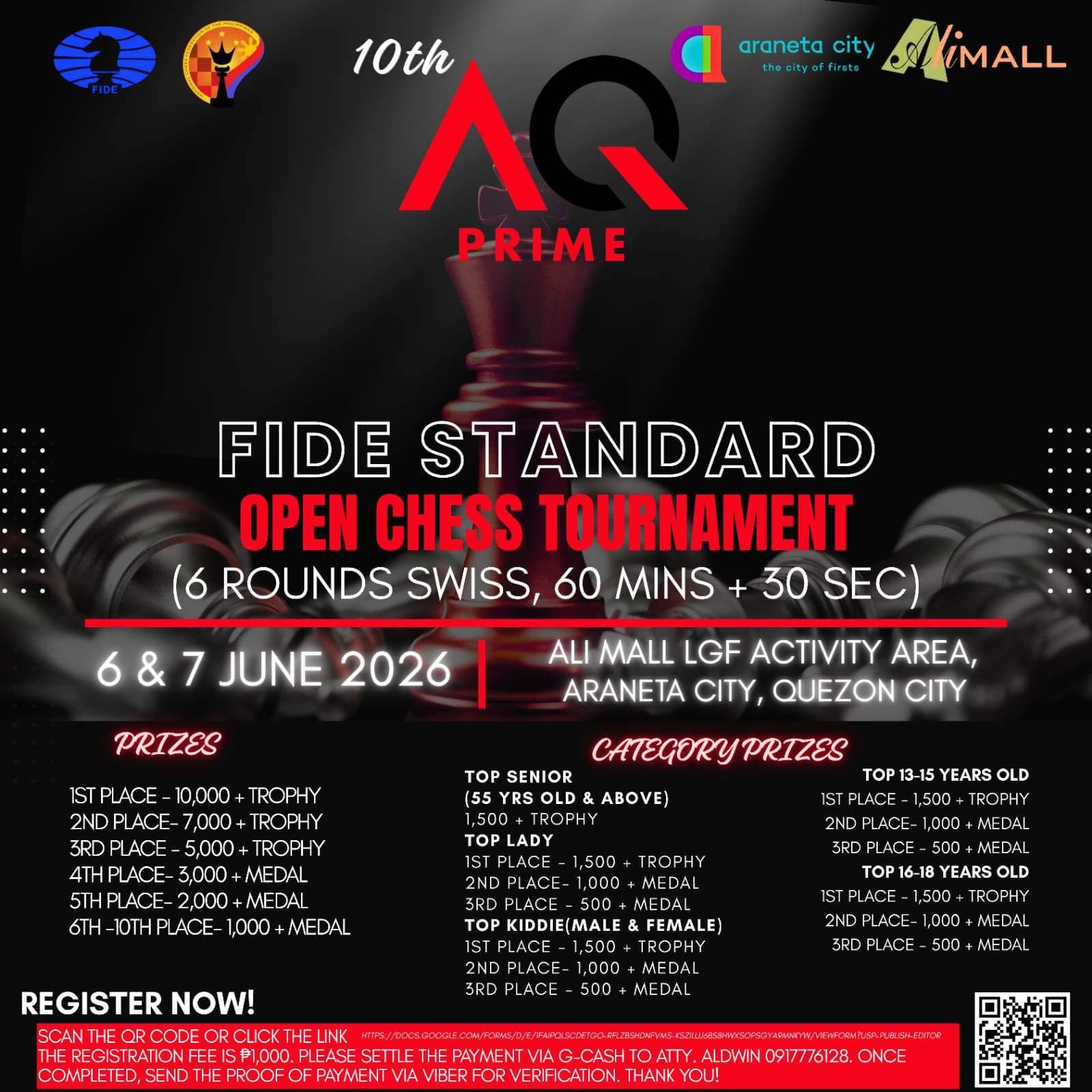 10th AQ Prime FIDE Standard Open Chess Tournament poster