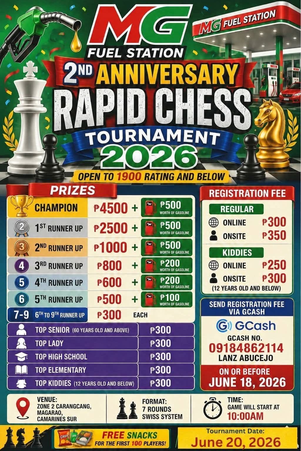 MG Fuel Station 2nd Anniversary Rapid Chess Tournament 2026 poster