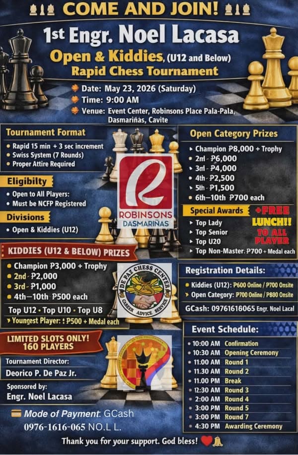 1st Engr. Noel Lacasa Open & Kiddies (U12 and Below) Rapid Chess Tournament poster