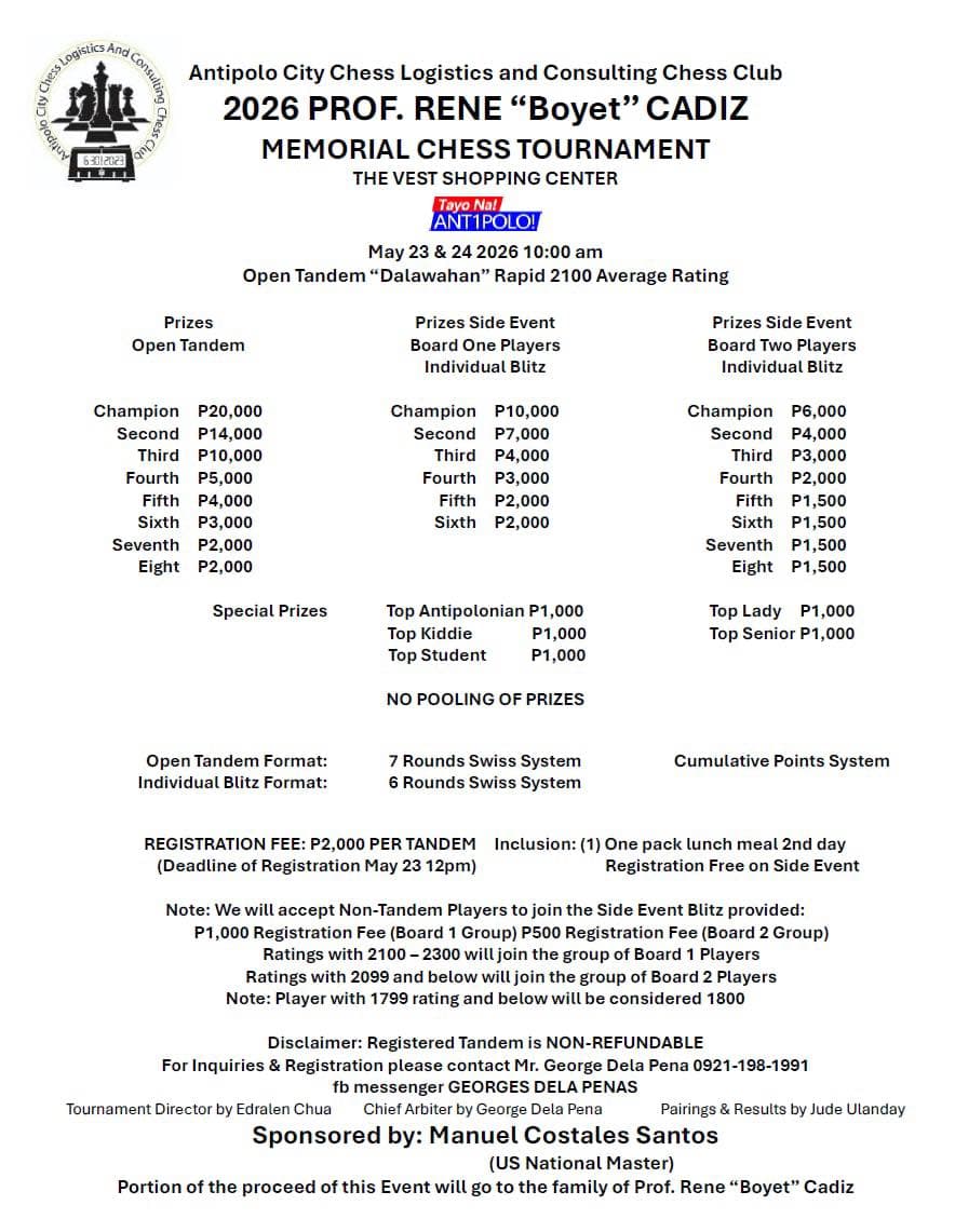 2026 Prof. Rene "Boyet" Cadiz Memorial Chess Tournament poster