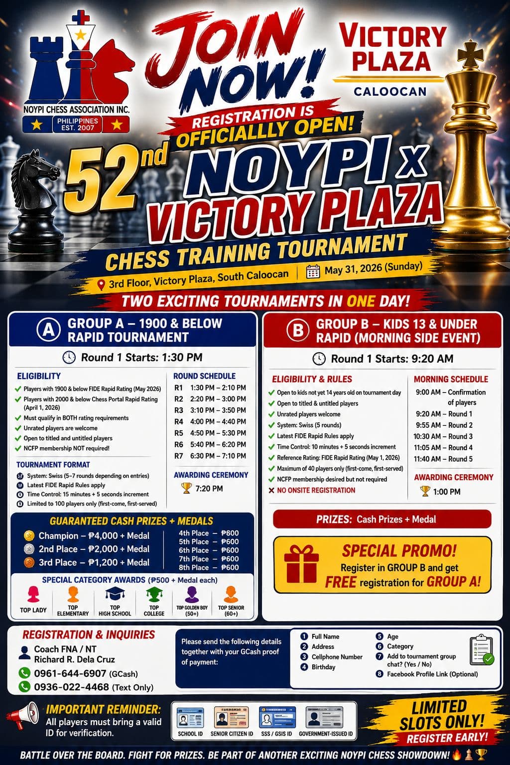 52nd Noypi x Victory Plaza Chess Training Tournament — Group A (1900 & Below Rapid) poster